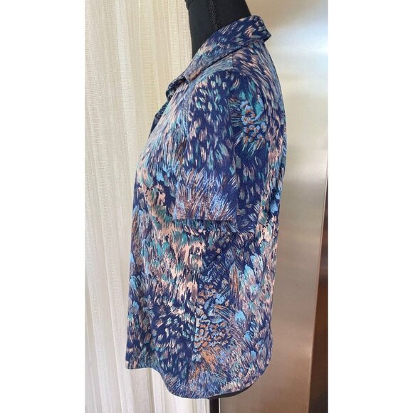 Vintage 70s top, blue, tan, pink abstract pattern, short sleeves blouse - Picture 4 of 8